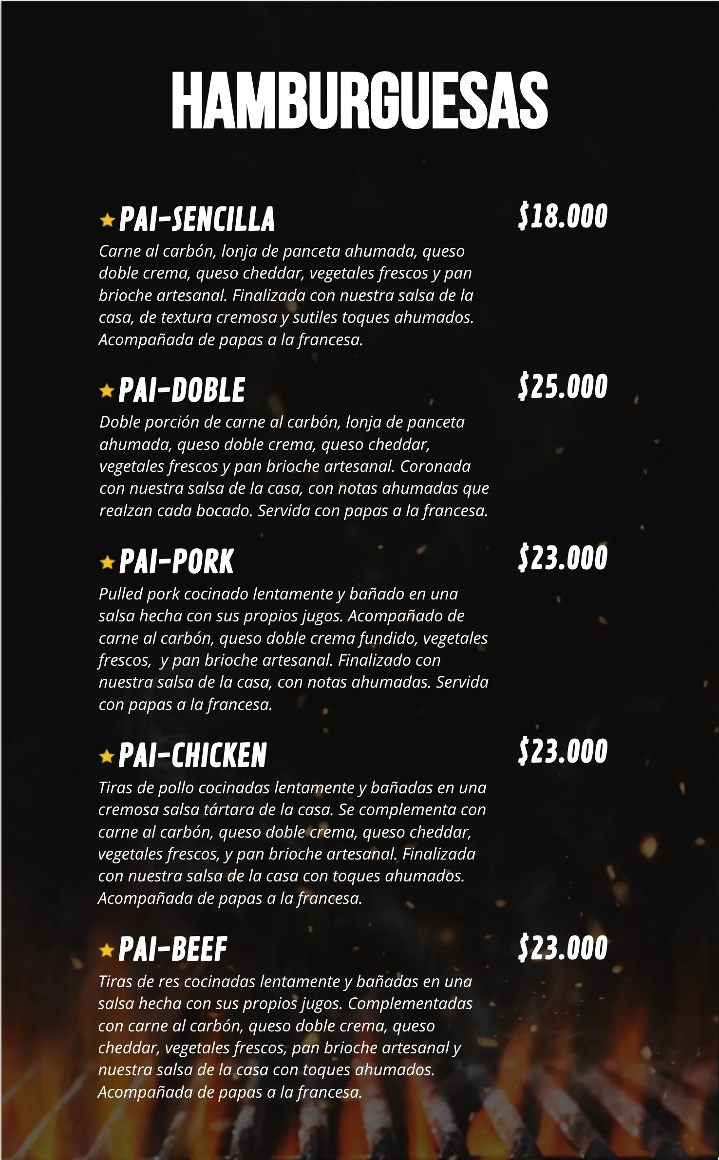 Hamburguesas Pai-Sencilla, Pai-Doble, Pai-Pork, Pai-Chicken y Pai-Beef con precios