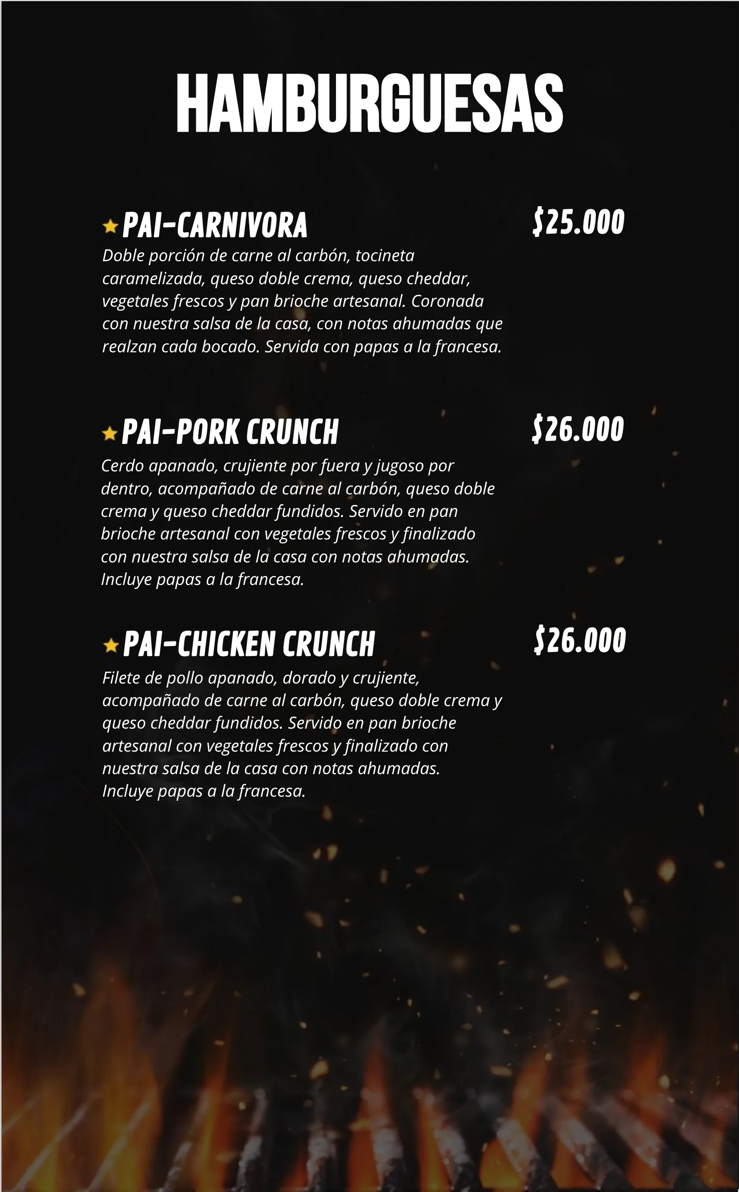 Hamburguesas Pai-Carnívora, Pai-Pork Crunch y Pai-Chicken Crunch con precios